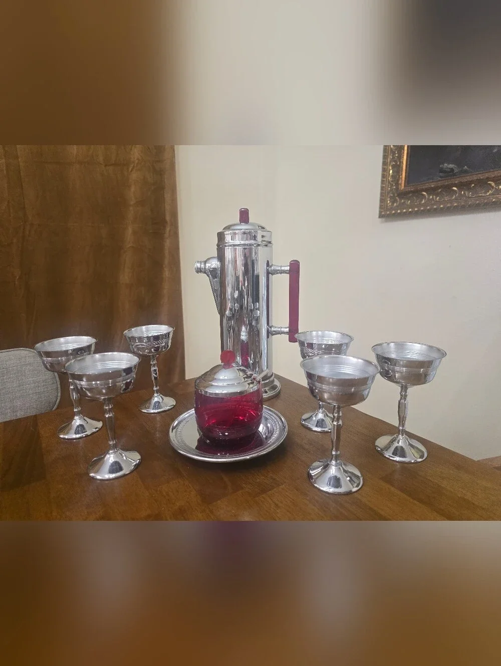 VTG Art Deco Chrome Red Bakelite Catalin Cocktail Shaker 6 Cups & Garnish Bowl